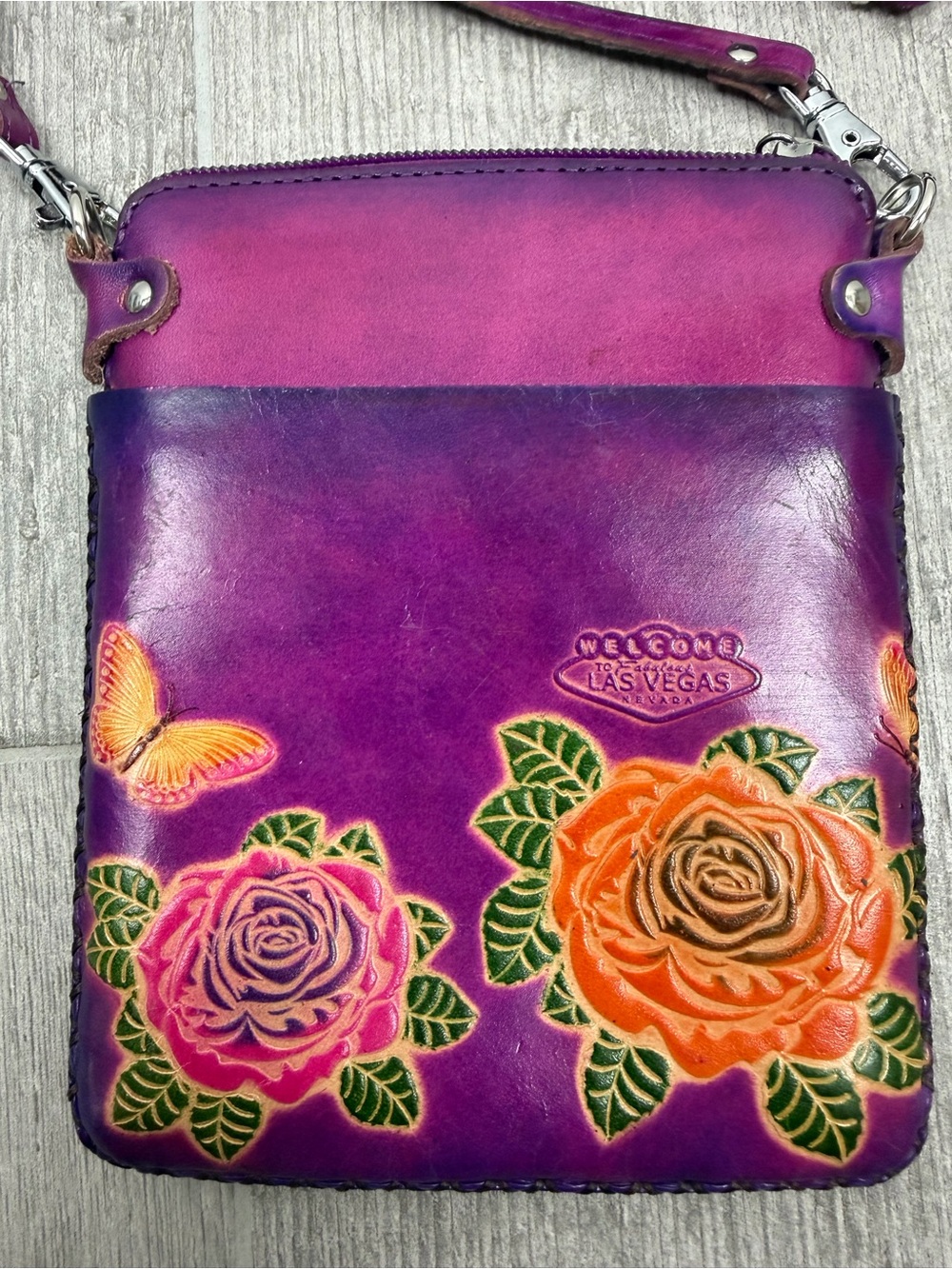 Leather Floral Crossbody Purse Bag Las Vegas imprint an hand-painted purple rose